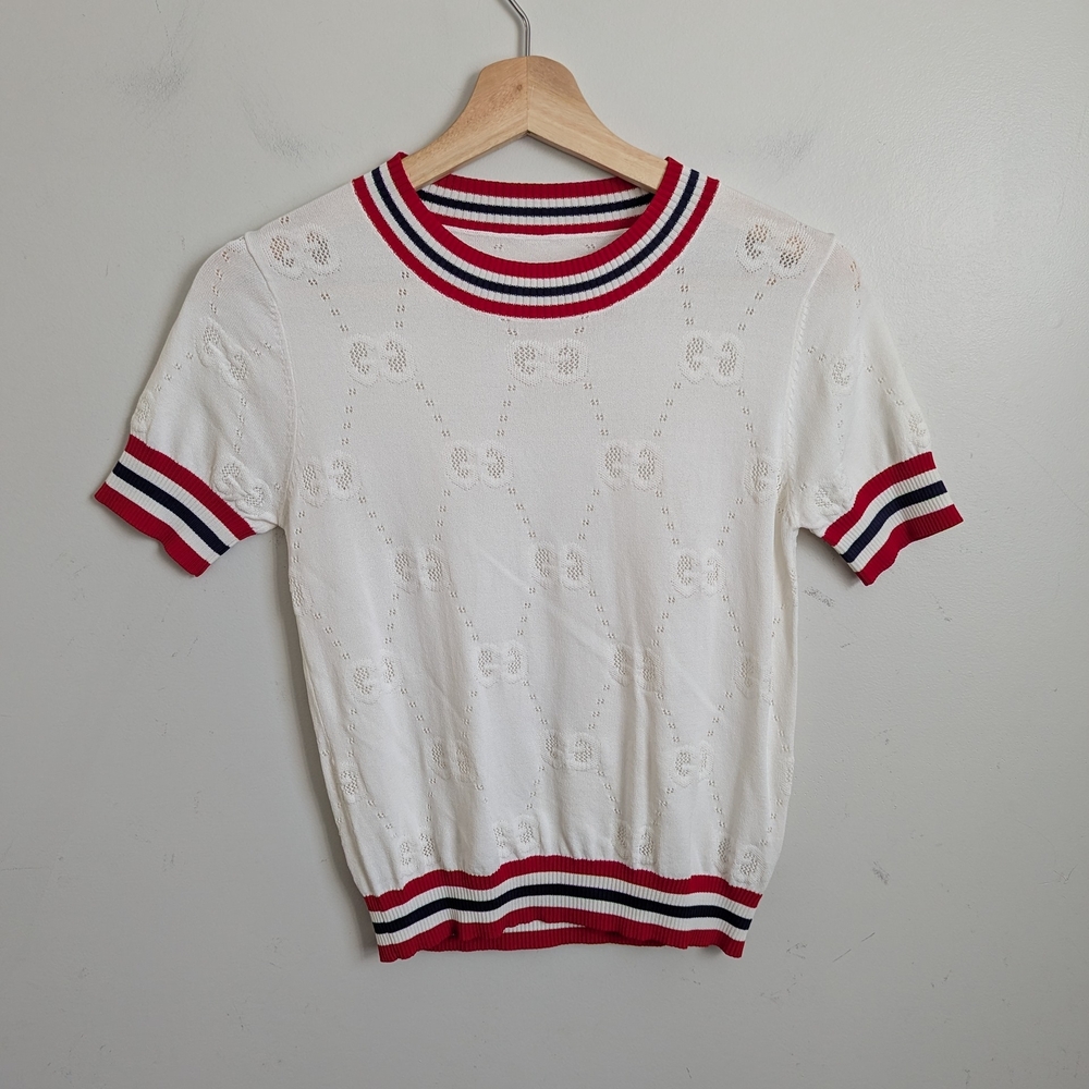 Red White Knit Logo Knit Sweater Crew Neck Nylon Blend